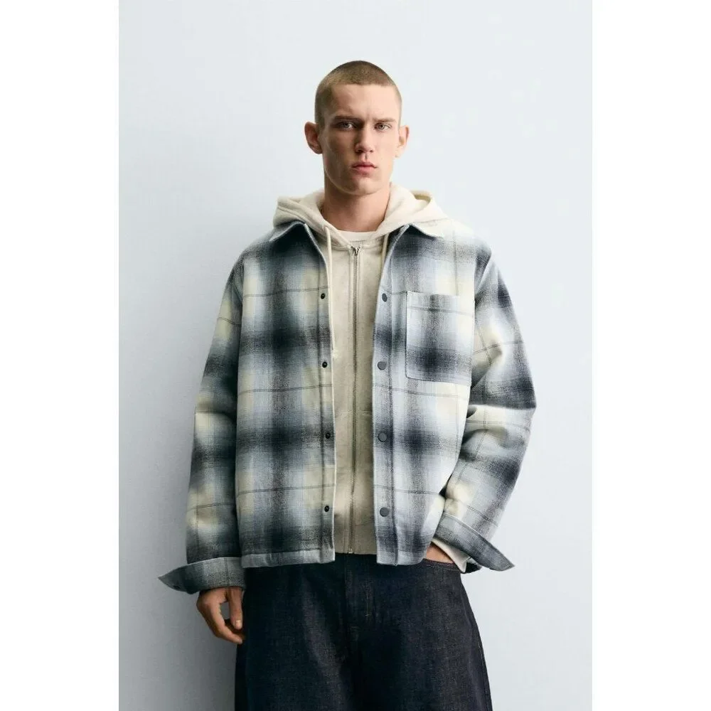 Zara Mens Overshirt Jacket M Blue Plaid Shearling Lined Flannel 7446/326 NWT